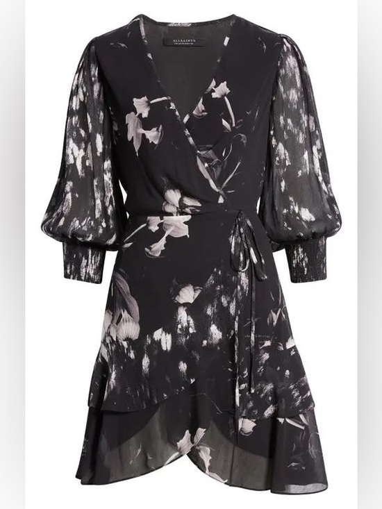 All Saints Dresses & Skirts - AllSaints Ari Pauline Floral Faux Wrap Chiffon Mini Dress Black Grey 10